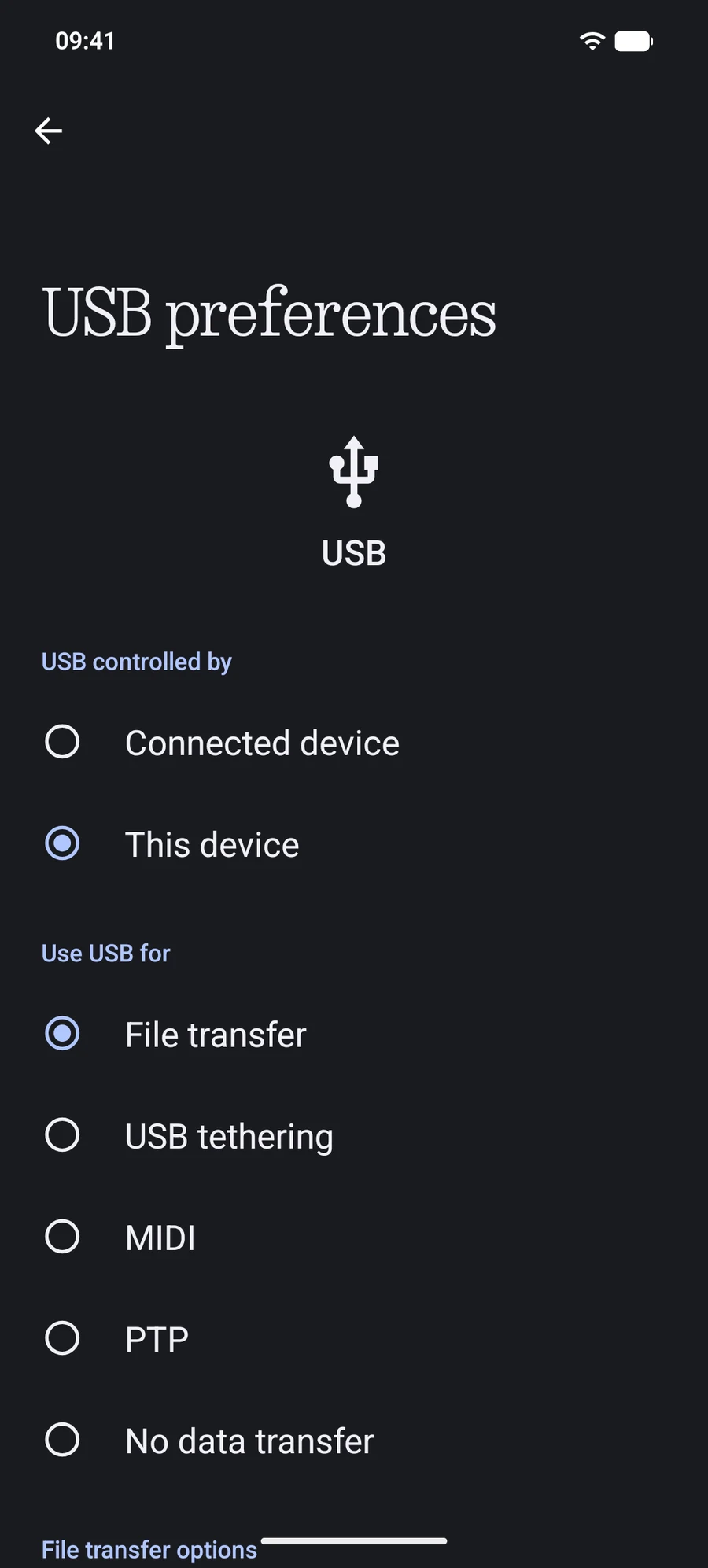 파일 전송이 선택된 휴대폰의 USB 환경설정.